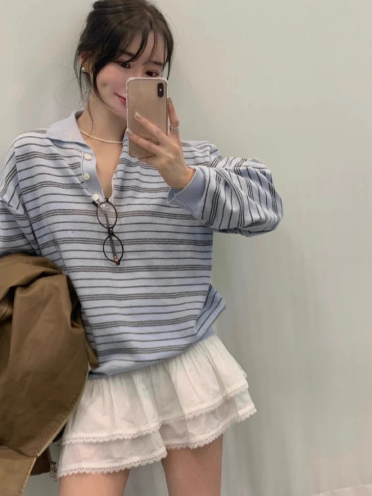 Knitted Blue Striped Long Sleeve T Shirts Women Vintage Turn Down Collar Tees 2026 Ropa Mujer Chic Korean Casual Loose Tshirt