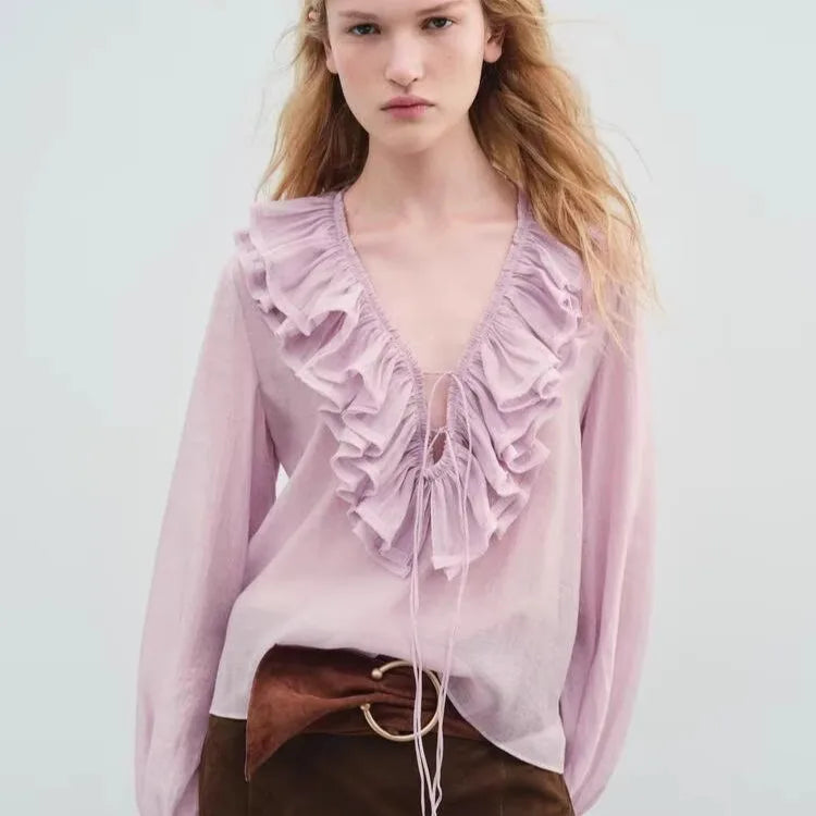Spring New Sle White Loose Layered V-Ne Decorative irt Design Polyester Fiber Long Sve Regular Length Women&