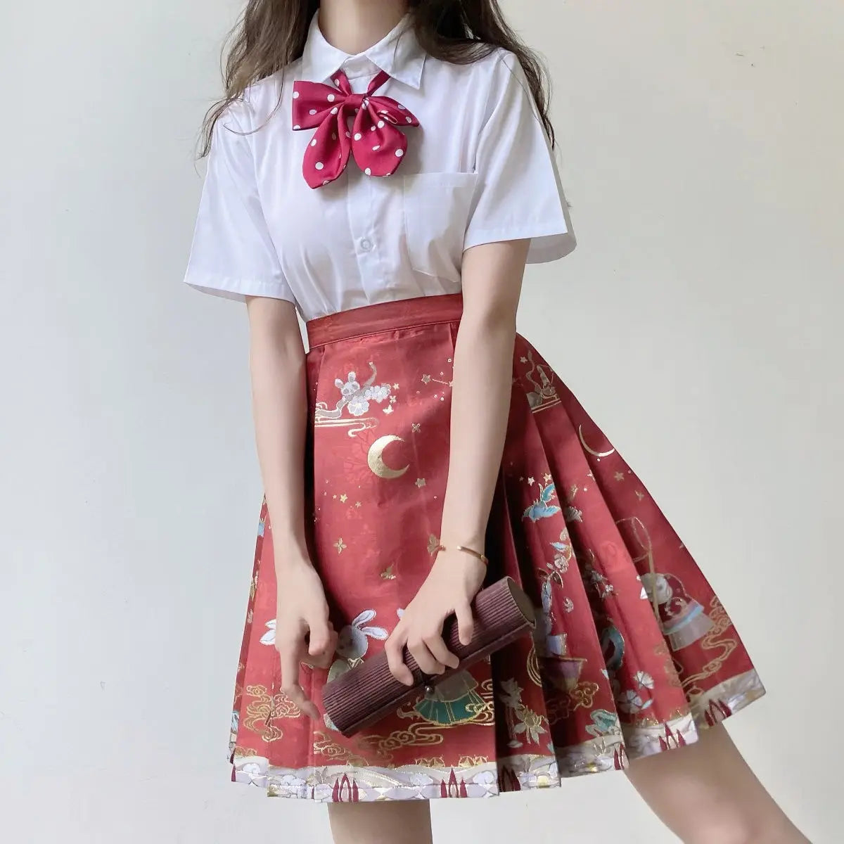 2024 New Fashion Chinese Style Retro Summer Printed Pleated Lace Up Women&