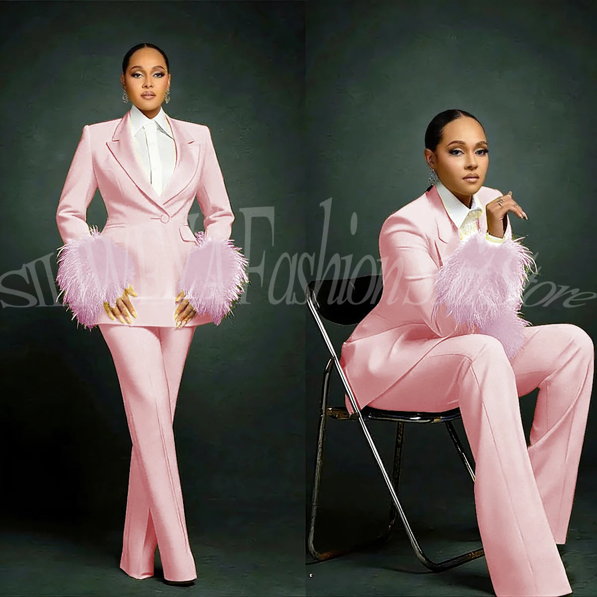 Fashion Chic Suits For Women Luxury Feather Applique Single Breasted 2 Pieces Female Suit (Blazer+Pants) Conjuntos De Pantalones