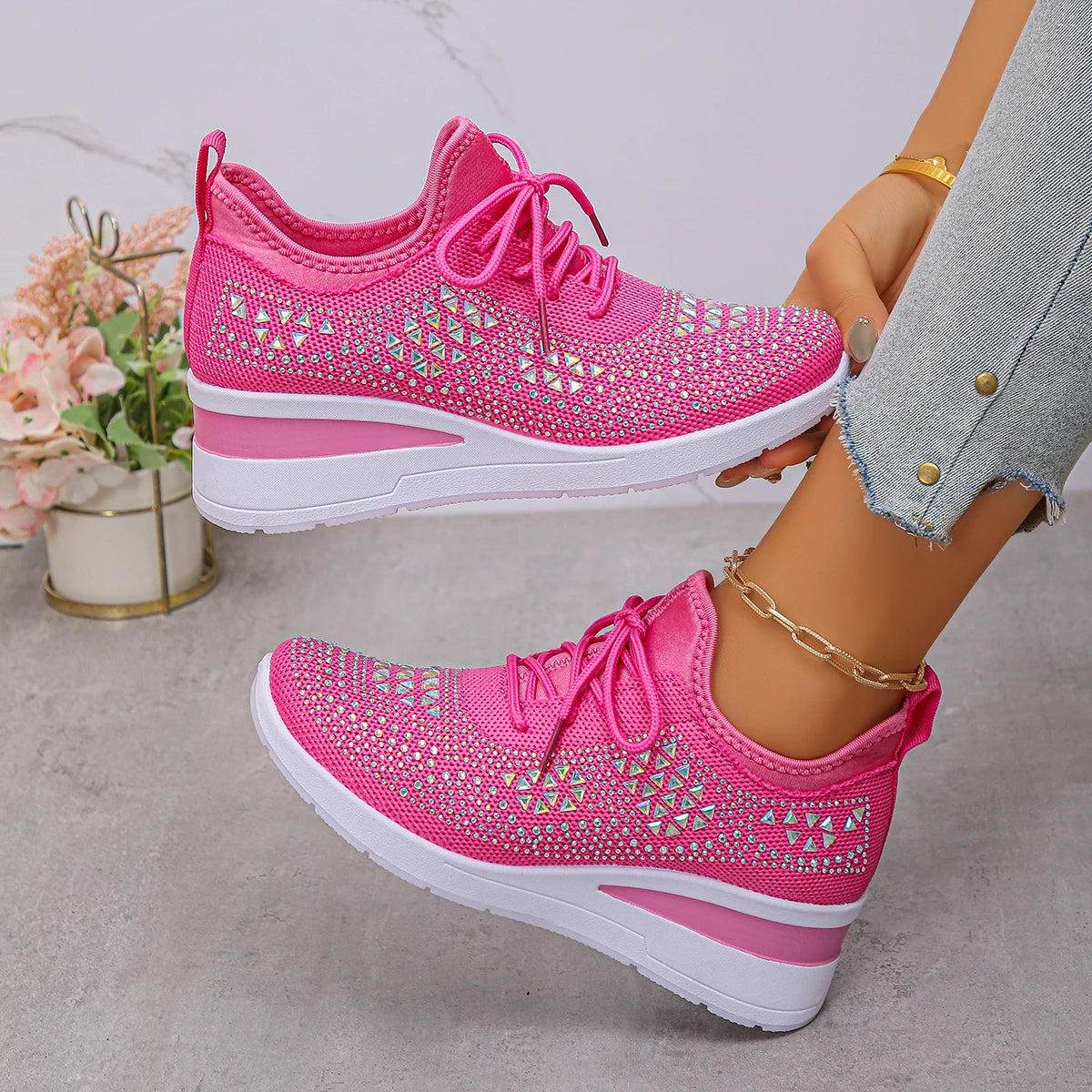Designer Sneakers Women Shoes New Women Mesh Platform Sneakers High Heels Wedges Thick Bottom Breathable Casual Vulcanize Shoes