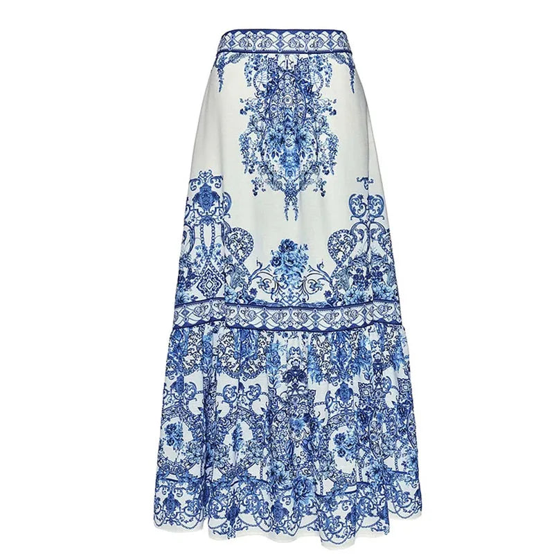One-piece Women Swimwear Blue Ethnic Style Print Swimsuit Bodysuit Bikini Set Beach Vacation Style Wear Maxi Dress Skirt