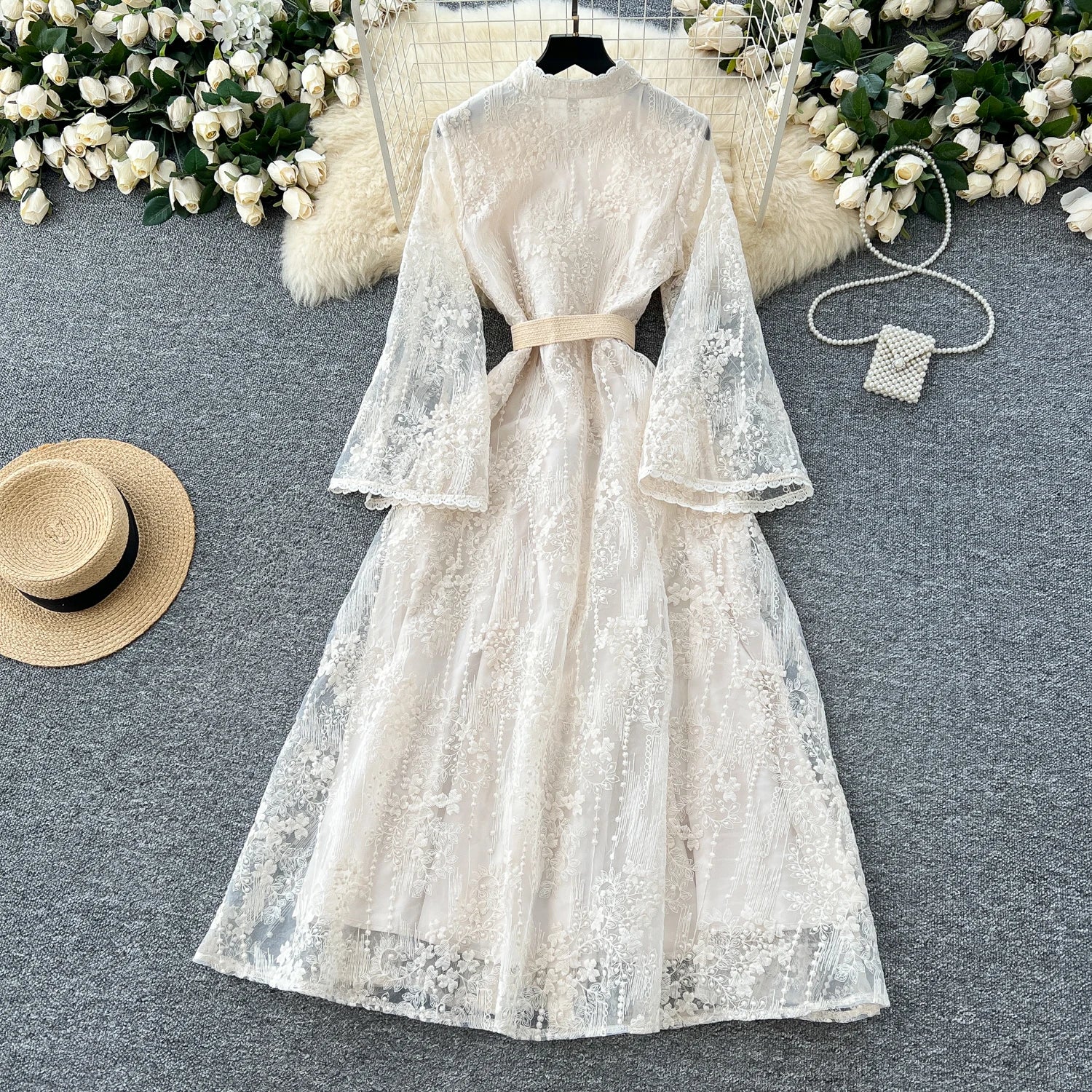 French Luxury Fashion Flower Mesh Embroidery Dress High Quality Women Stand Long Flare Sleeve Ruffles Belt Party Long Vestidos