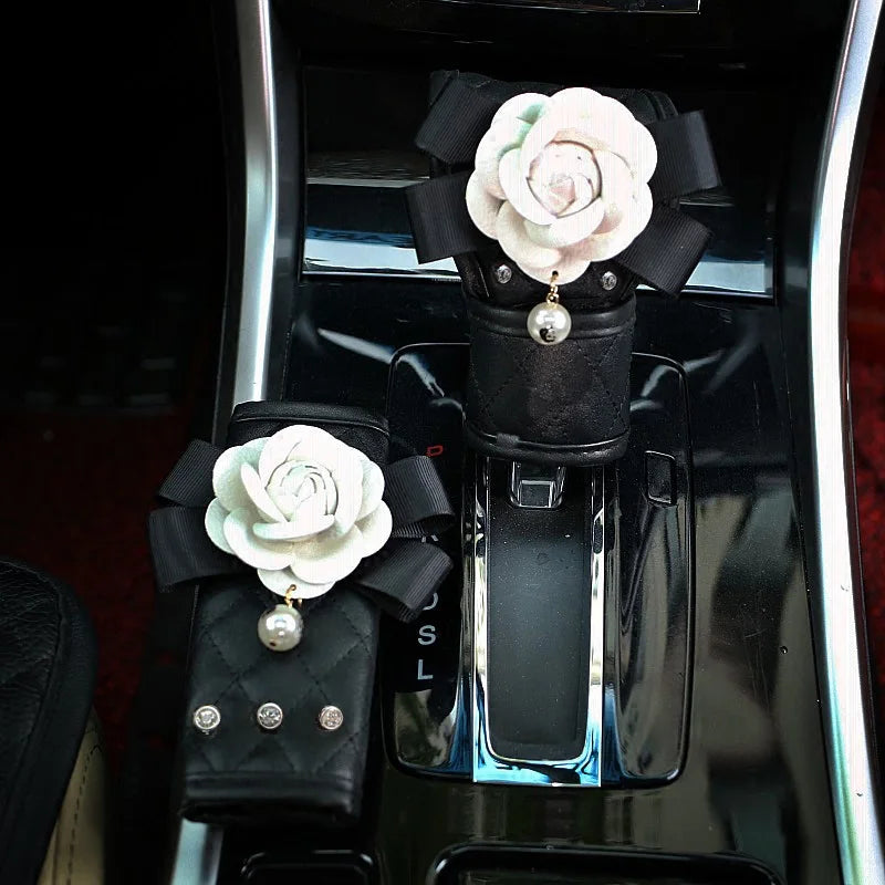 Camellia Flower Car Interior Accessories Crystal Leather Steering Wheel Cover Seat Belt Shifter Cover Auto Headrest Mirror Case