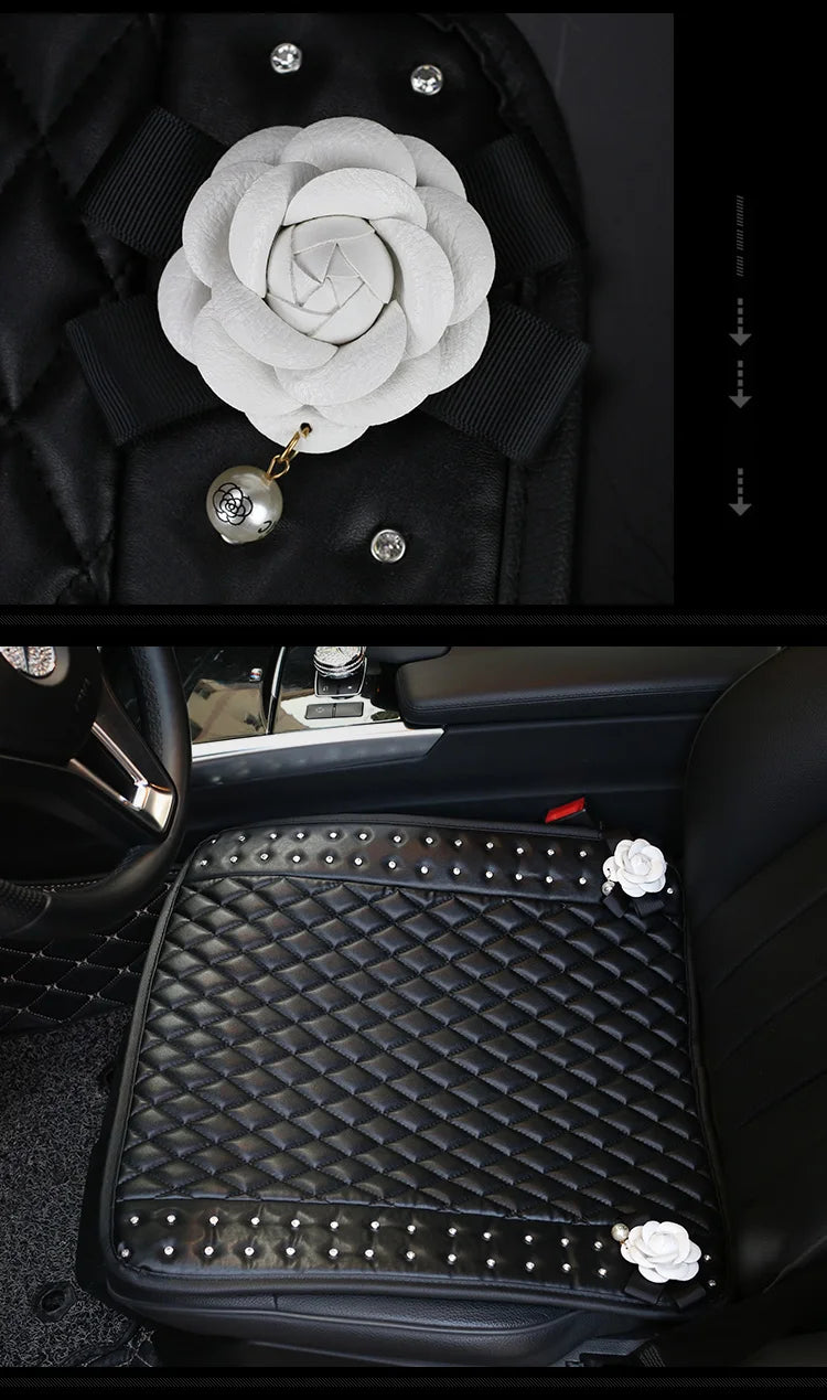 Camellia Flower Car Interior Accessories Crystal Leather Steering Wheel Cover Seat Belt Shifter Cover Auto Headrest Mirror Case