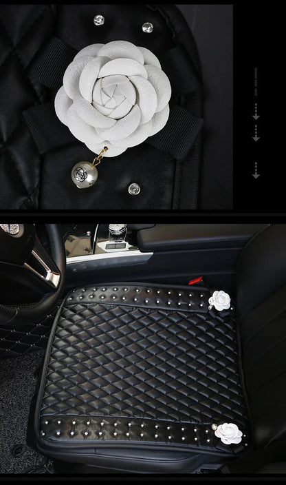 Camellia Flower Car Interior Accessories Crystal Leather Steering Wheel Cover Seat Belt Shifter Cover Auto Headrest Mirror Case