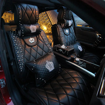 Crown Car Interior Accessories for Women Leather Steering Wheel Covers Tiessue Box Neck Lumbar Pillows Seatbelt Shifter Sets
