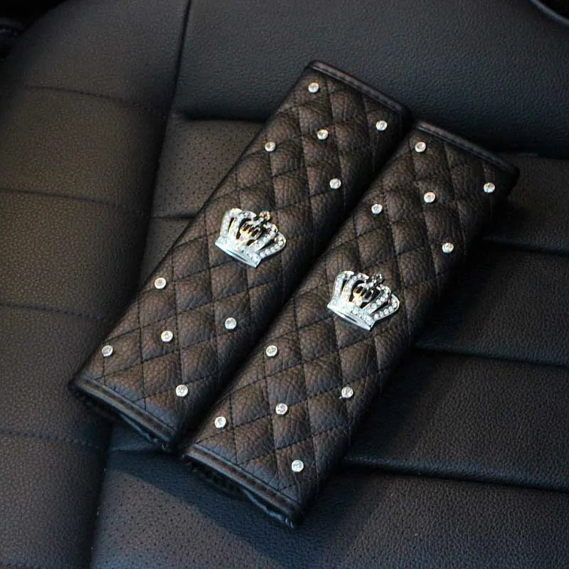 Crown Car Interior Accessories for Women Leather Steering Wheel Covers Tiessue Box Neck Lumbar Pillows Seatbelt Shifter Sets
