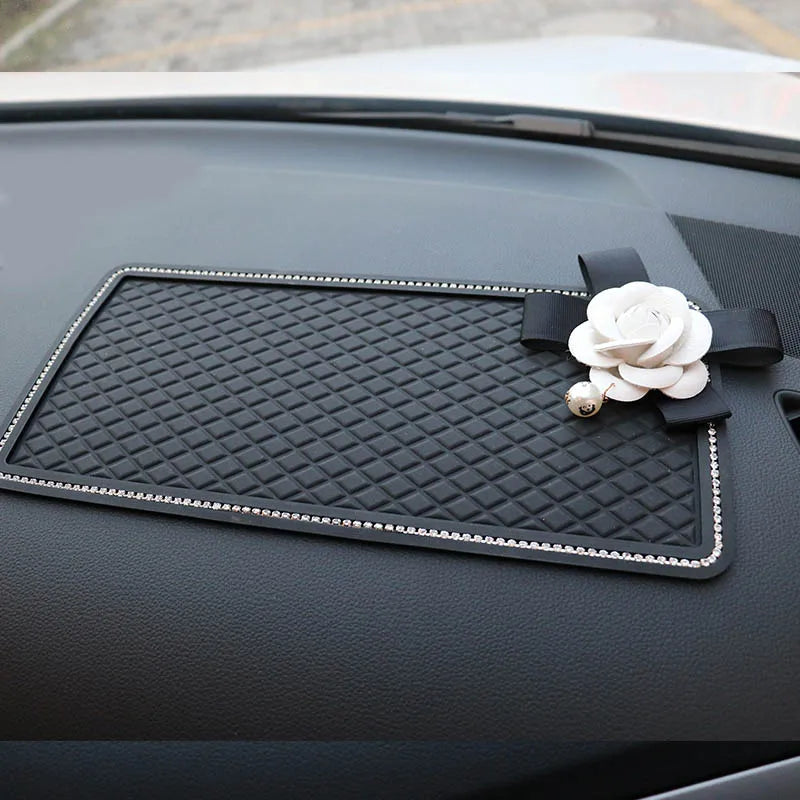 Camellia Flower Car Interior Accessories Crystal Leather Steering Wheel Cover Seat Belt Shifter Cover Auto Headrest Mirror Case