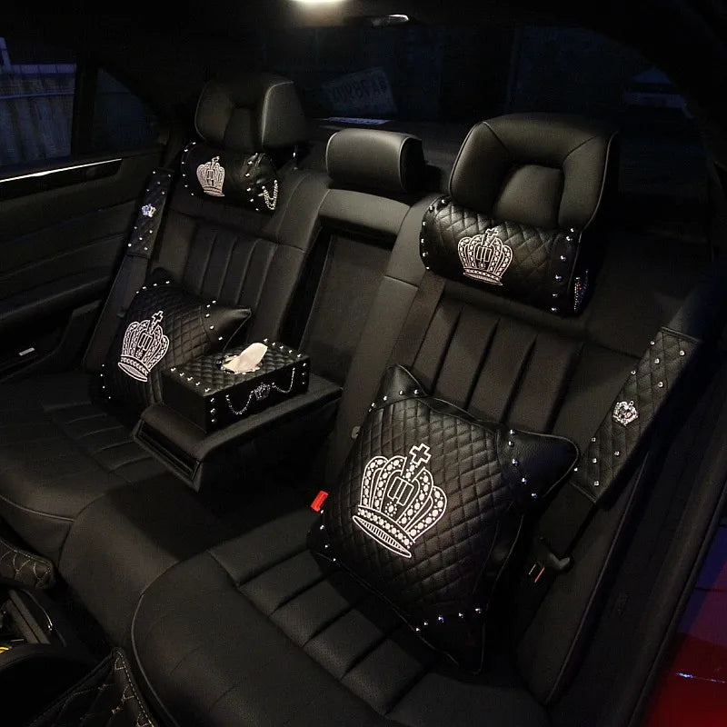 Crown Car Interior Accessories for Women Leather Steering Wheel Covers Tiessue Box Neck Lumbar Pillows Seatbelt Shifter Sets