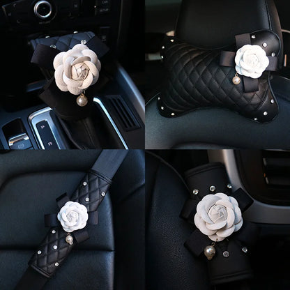 Camellia Flower Car Interior Accessories Crystal Leather Steering Wheel Cover Seat Belt Shifter Cover Auto Headrest Mirror Case