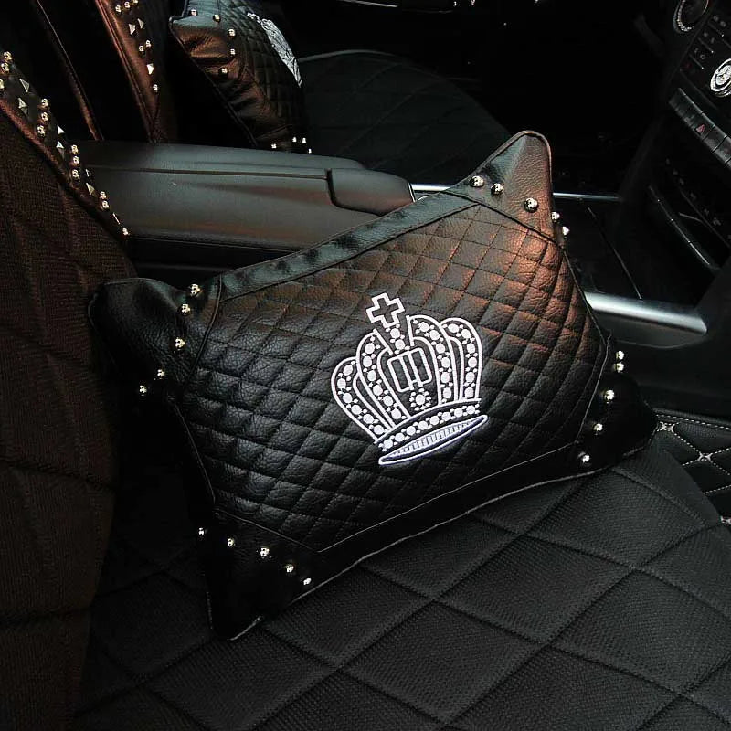 Crown Car Interior Accessories for Women Leather Steering Wheel Covers Tiessue Box Neck Lumbar Pillows Seatbelt Shifter Sets