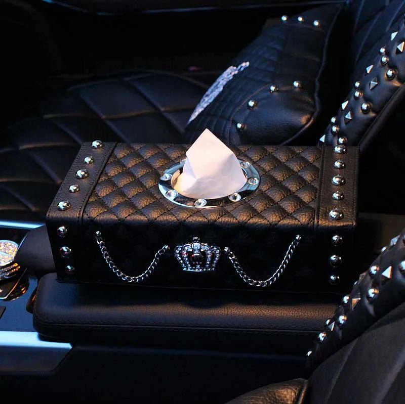 Crown Car Interior Accessories for Women Leather Steering Wheel Covers Tiessue Box Neck Lumbar Pillows Seatbelt Shifter Sets