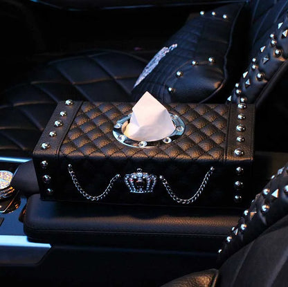 Crown Car Interior Accessories for Women Leather Steering Wheel Covers Tiessue Box Neck Lumbar Pillows Seatbelt Shifter Sets