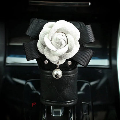 Camellia Flower Car Interior Accessories Crystal Leather Steering Wheel Cover Seat Belt Shifter Cover Auto Headrest Mirror Case