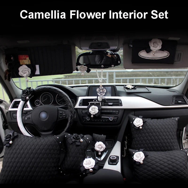 Camellia Flower Car Interior Accessories Crystal Leather Steering Wheel Cover Seat Belt Shifter Cover Auto Headrest Mirror Case