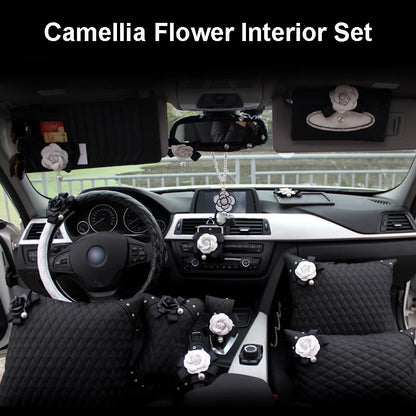 Camellia Flower Car Interior Accessories Crystal Leather Steering Wheel Cover Seat Belt Shifter Cover Auto Headrest Mirror Case