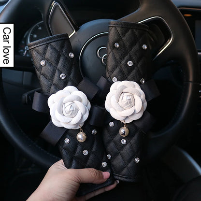 Camellia Flower Car Interior Accessories Crystal Leather Steering Wheel Cover Seat Belt Shifter Cover Auto Headrest Mirror Case
