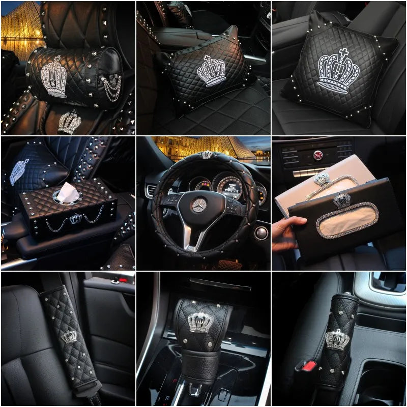 Crown Car Interior Accessories for Women Leather Steering Wheel Covers Tiessue Box Neck Lumbar Pillows Seatbelt Shifter Sets