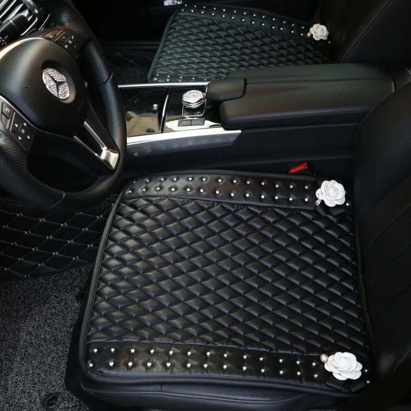 Camellia Flower Car Interior Accessories Crystal Leather Steering Wheel Cover Seat Belt Shifter Cover Auto Headrest Mirror Case