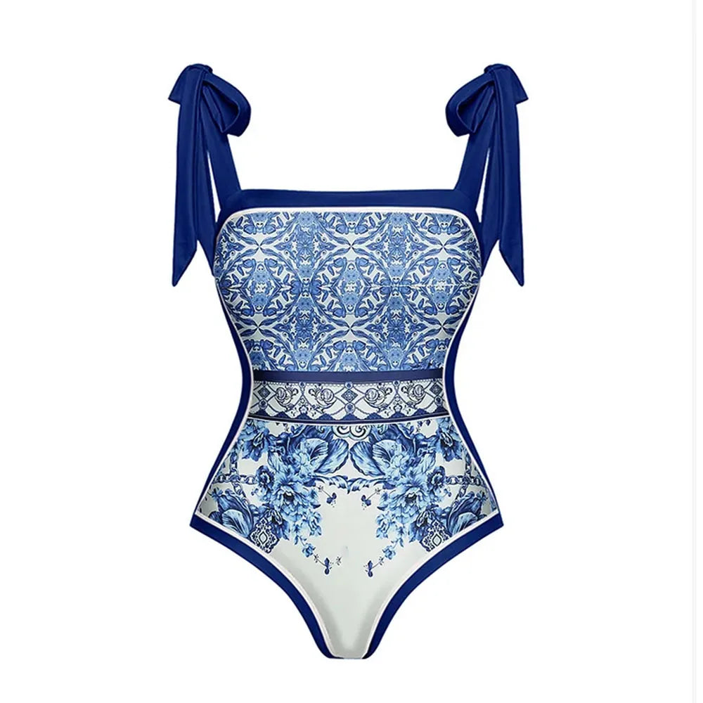 One-piece Women Swimwear Blue Ethnic Style Print Swimsuit  Bodysuit Bikini Set Beach Vacation  Style Wear Maxi Dress Skirt
