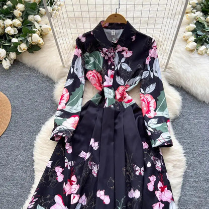 Fashion High-End Feeling Gown Dress Elegant European Court Style Long Printed Slimming New Women&