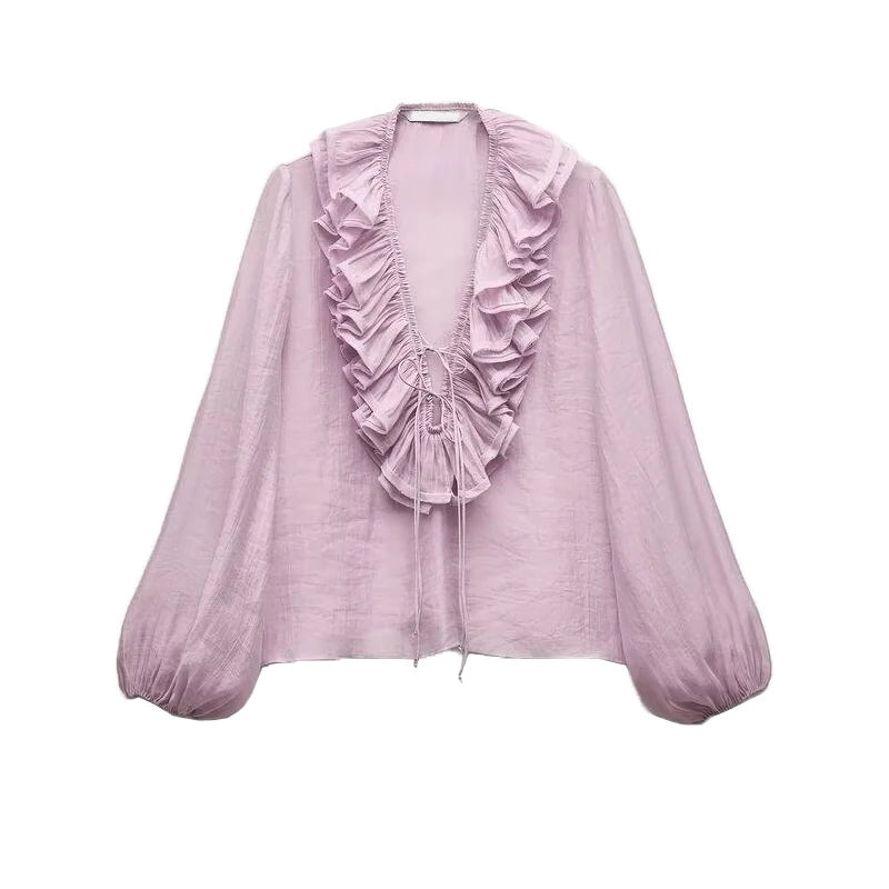 Spring New Sle White Loose Layered V-Ne Decorative irt Design Polyester Fiber Long Sve Regular Length Women&