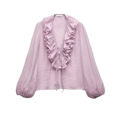 Spring New Sle White Loose Layered V-Ne Decorative irt Design Polyester Fiber Long Sve Regular Length Women&