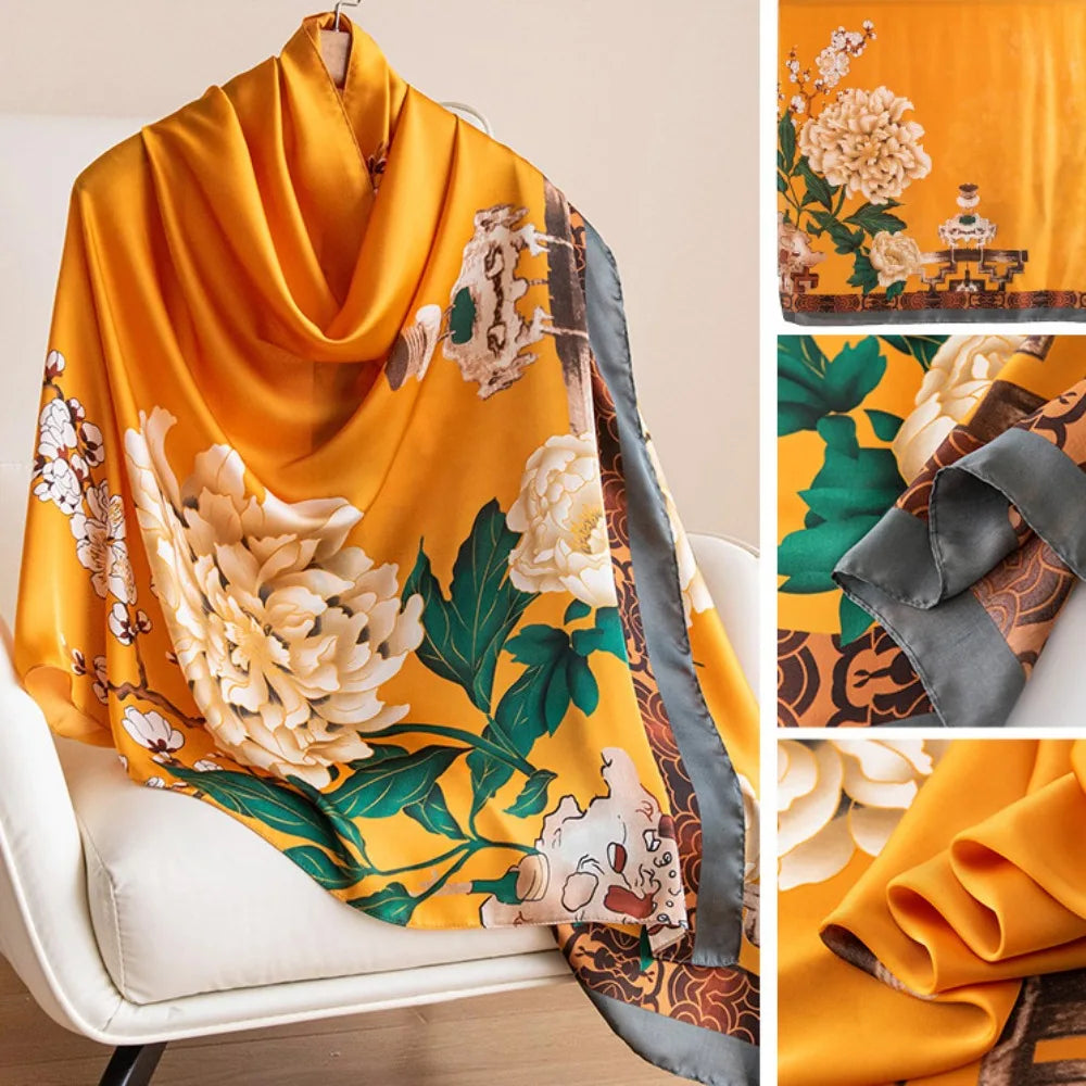 Fashion Korean Luxury Silk Scarf Elegant Lotus Pattern Chiffon Shawl Wrap Printing Soft Women Hijab Shawls Female