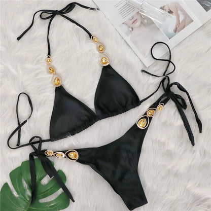 Sexy Diamond Rhinestones Scrunch Butt Bikini Women Swimwear Female Swimsuit Two-pieces Bikini set Bather Bathing Suit Swim V6149
