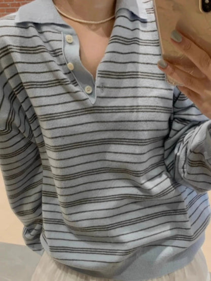 Knitted Blue Striped Long Sleeve T Shirts Women Vintage Turn Down Collar Tees 2026 Ropa Mujer Chic Korean Casual Loose Tshirt