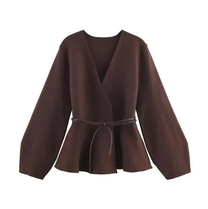 Woman Clothes Tops V Elegant Knit Cardigan For Women With V Neck Tie Waist And Flared Hem Autumn And Winter Workwear Top