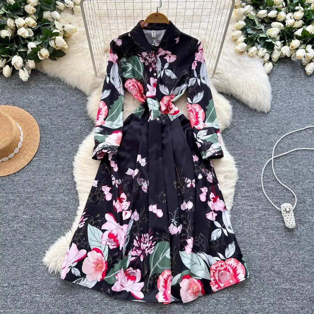 Fashion High-End Feeling Gown Dress Elegant European Court Style Long Printed Slimming New Women&