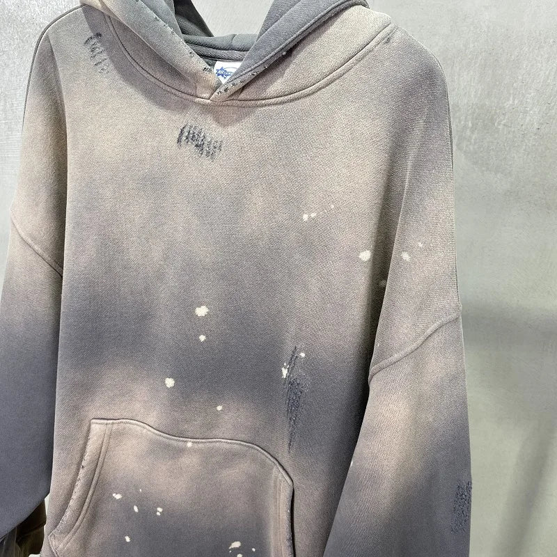 Street Wear Speckled Ink Rubbed Hooded Hoodies Fashion Sense Distressed Winter Coat Men&