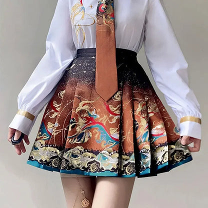 2024 New Fashion Chinese Style Retro Summer Printed Pleated Lace Up Women&
