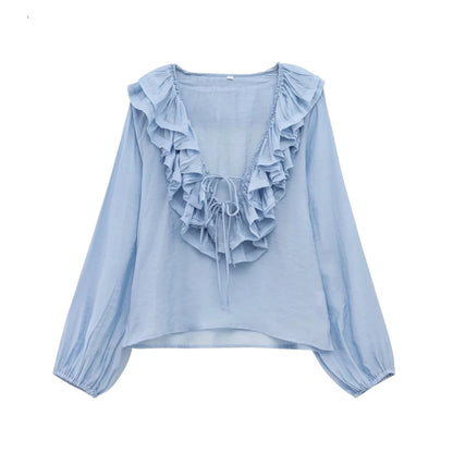 Spring New Sle White Loose Layered V-Ne Decorative irt Design Polyester Fiber Long Sve Regular Length Women&
