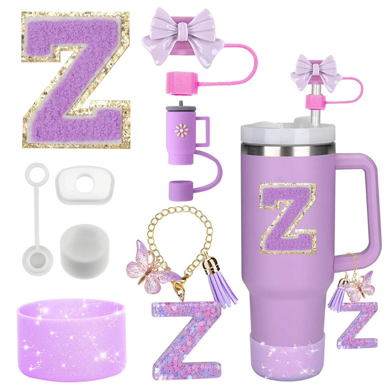 8PCS Accessories Set for Stanley Cup Purple 30oz 40oz tumbler Silicone Straw Topper Cover Cap Boot Handle Charm Initials Sticker