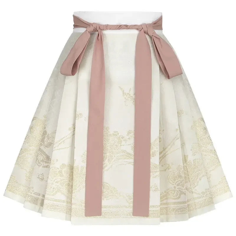 2024 New Fashion Chinese Style Retro Summer Printed Pleated Lace Up Women&