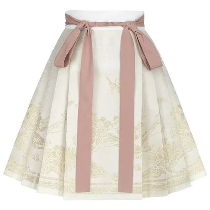 2024 New Fashion Chinese Style Retro Summer Printed Pleated Lace Up Women&