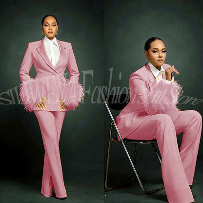 Fashion Chic Suits For Women Luxury Feather Applique Single Breasted 2 Pieces Female Suit (Blazer+Pants) Conjuntos De Pantalones