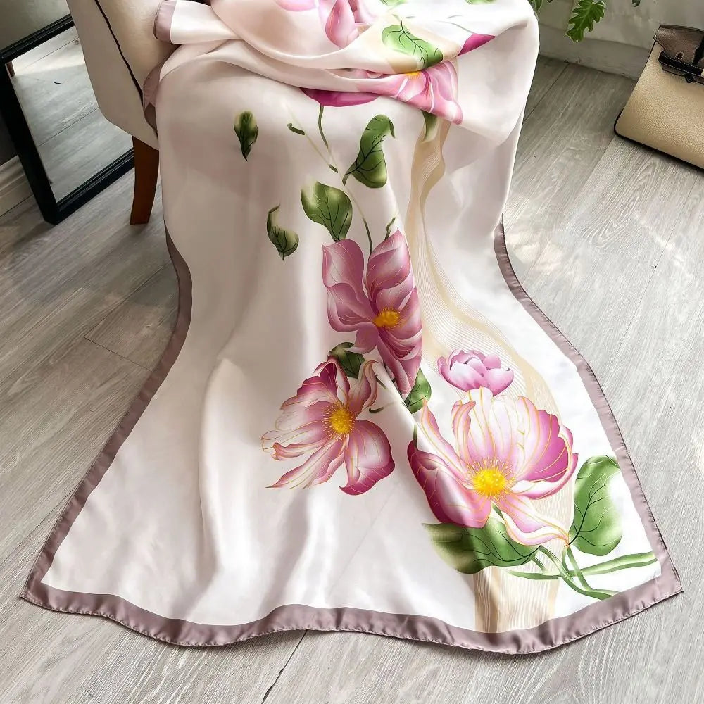 Fashion Korean Luxury Silk Scarf Elegant Lotus Pattern Chiffon Shawl Wrap Printing Soft Women Hijab Shawls Female