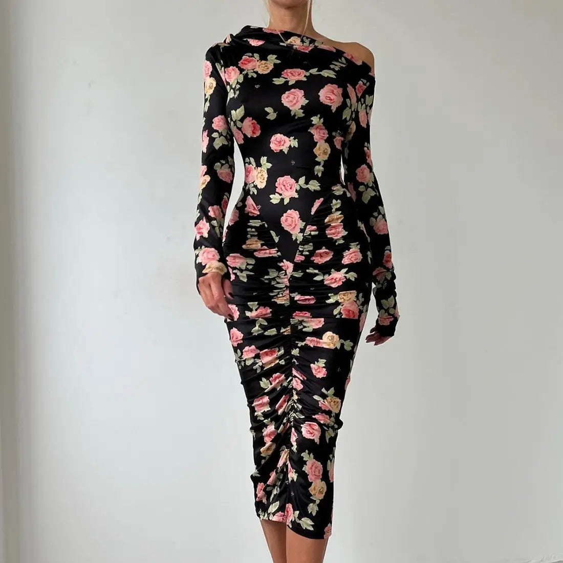 French Style Is Beautiful and Pure, Classical Artist Floral Pleated Slanted Shoulder Long-sleeved Dress Women&