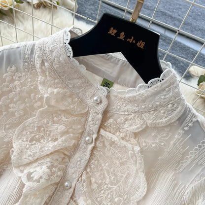 French Luxury Fashion Flower Mesh Embroidery Dress High Quality Women Stand Long Flare Sleeve Ruffles Belt Party Long Vestidos