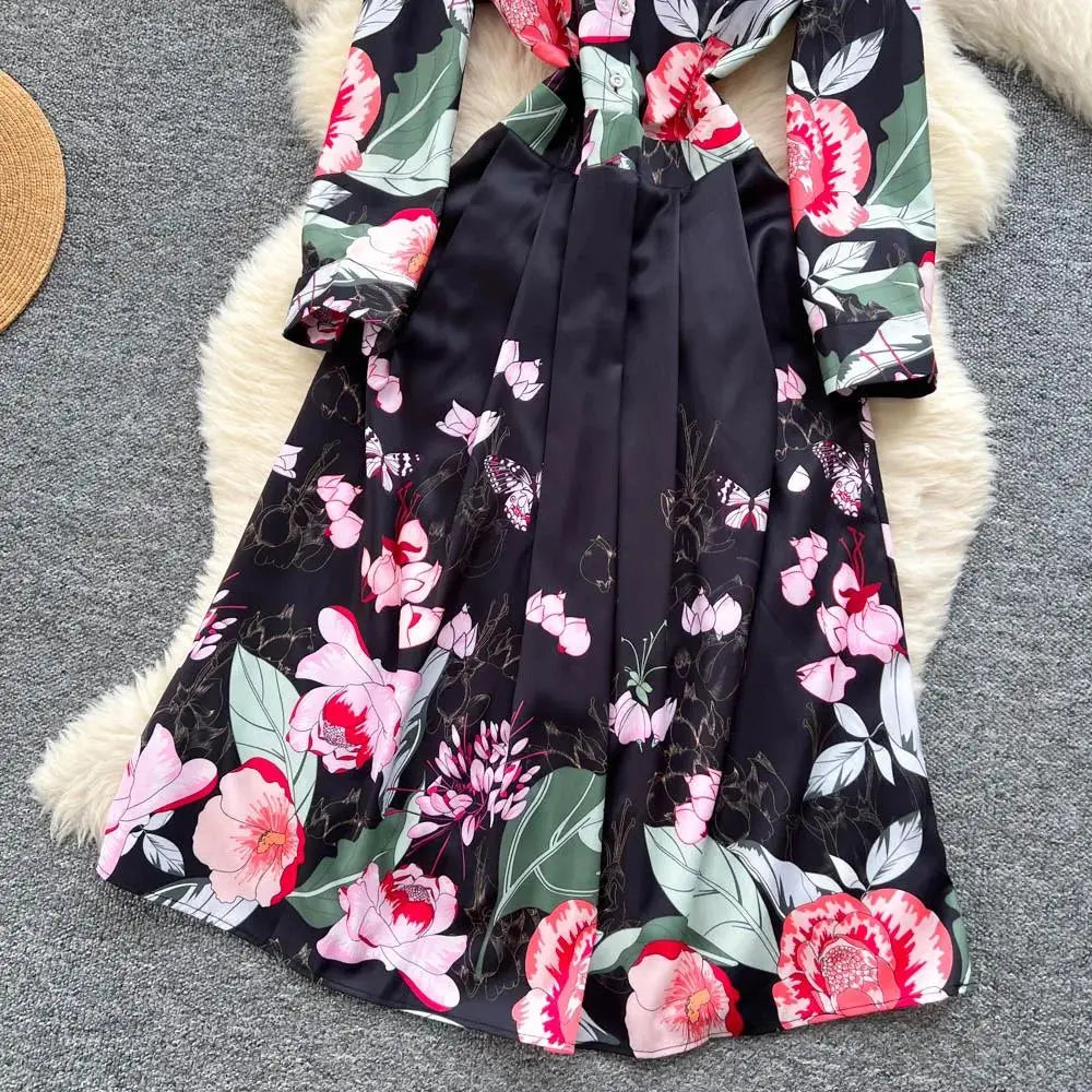 Fashion High-End Feeling Gown Dress Elegant European Court Style Long Printed Slimming New Women&