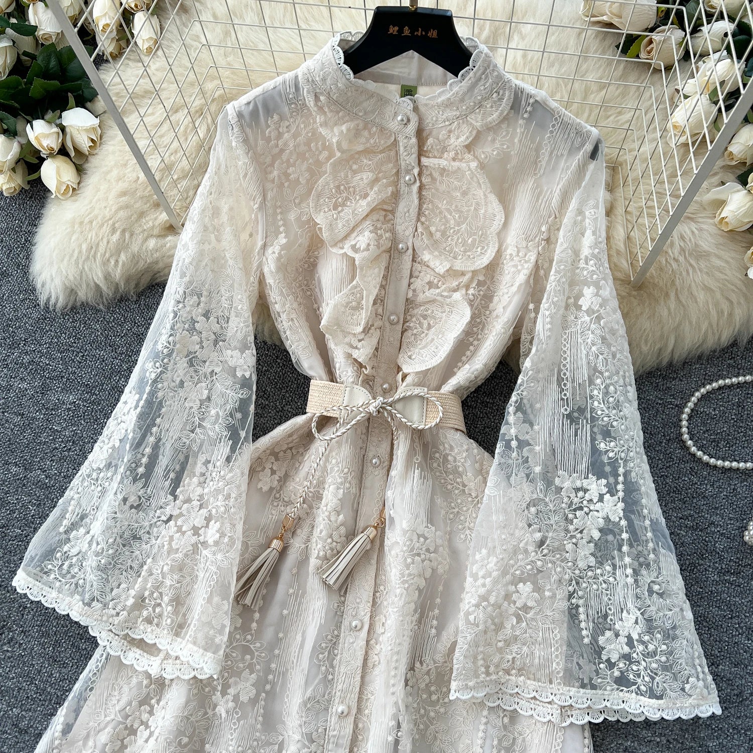 French Luxury Fashion Flower Mesh Embroidery Dress High Quality Women Stand Long Flare Sleeve Ruffles Belt Party Long Vestidos