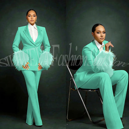 Fashion Chic Suits For Women Luxury Feather Applique Single Breasted 2 Pieces Female Suit (Blazer+Pants) Conjuntos De Pantalones