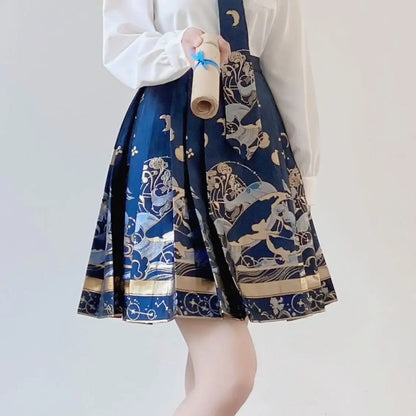 2024 New Fashion Chinese Style Retro Summer Printed Pleated Lace Up Women&