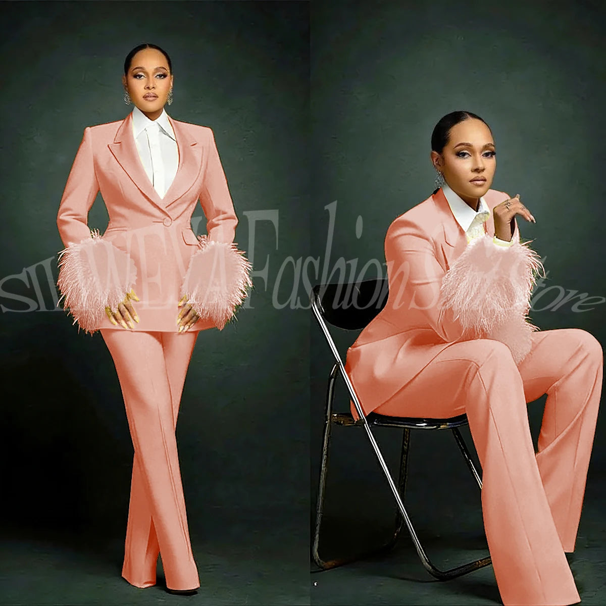Fashion Chic Suits For Women Luxury Feather Applique Single Breasted 2 Pieces Female Suit (Blazer+Pants) Conjuntos De Pantalones