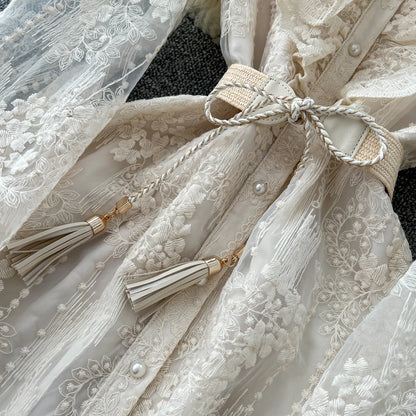 French Luxury Fashion Flower Mesh Embroidery Dress High Quality Women Stand Long Flare Sleeve Ruffles Belt Party Long Vestidos