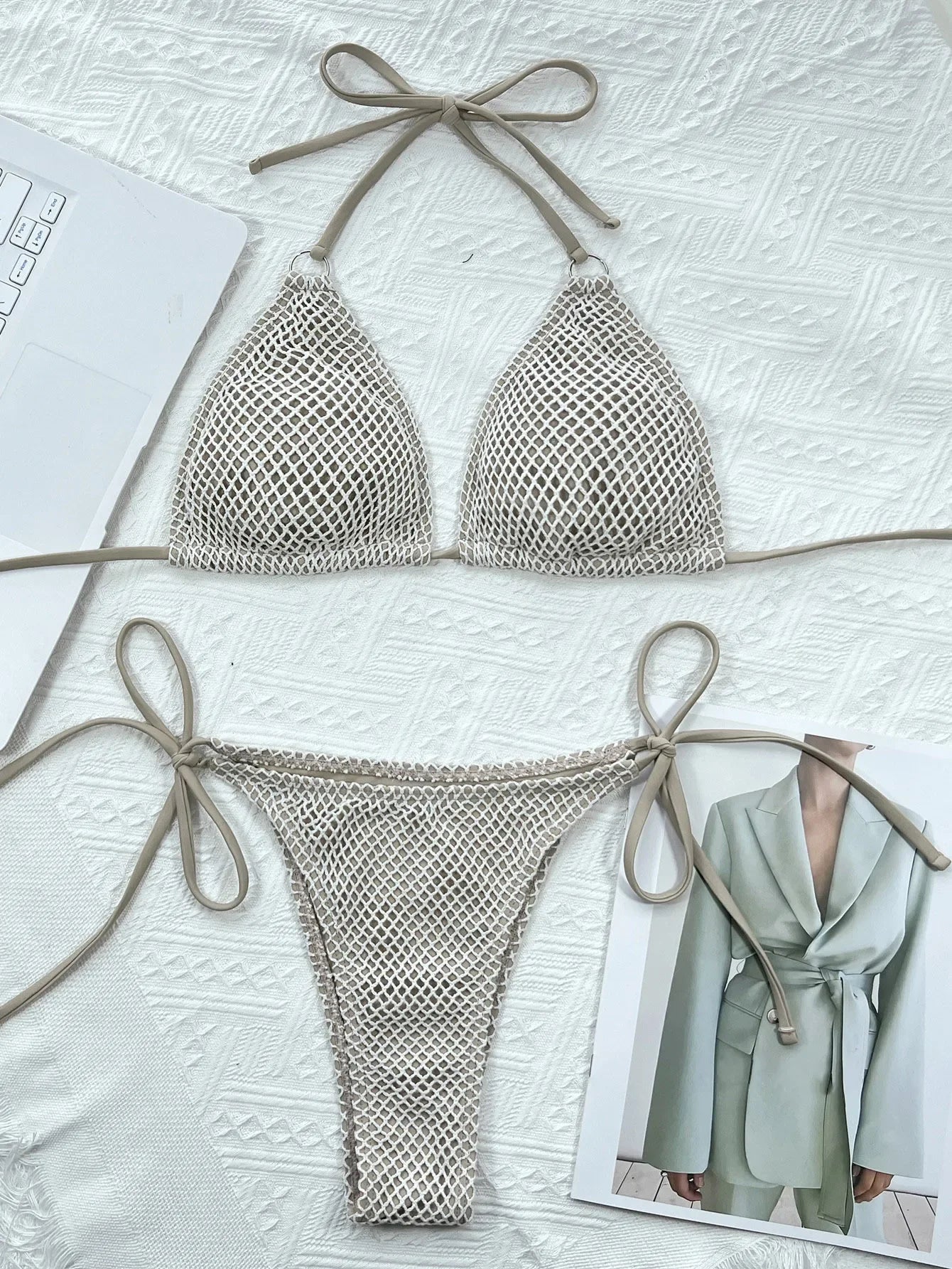 Women Sexy Hollow Out Swimsuit Triangle Thong Padded Bikini Crochet 2 Pieces Suit Halter Lace-Up Swimwear Backless Bathing Suits